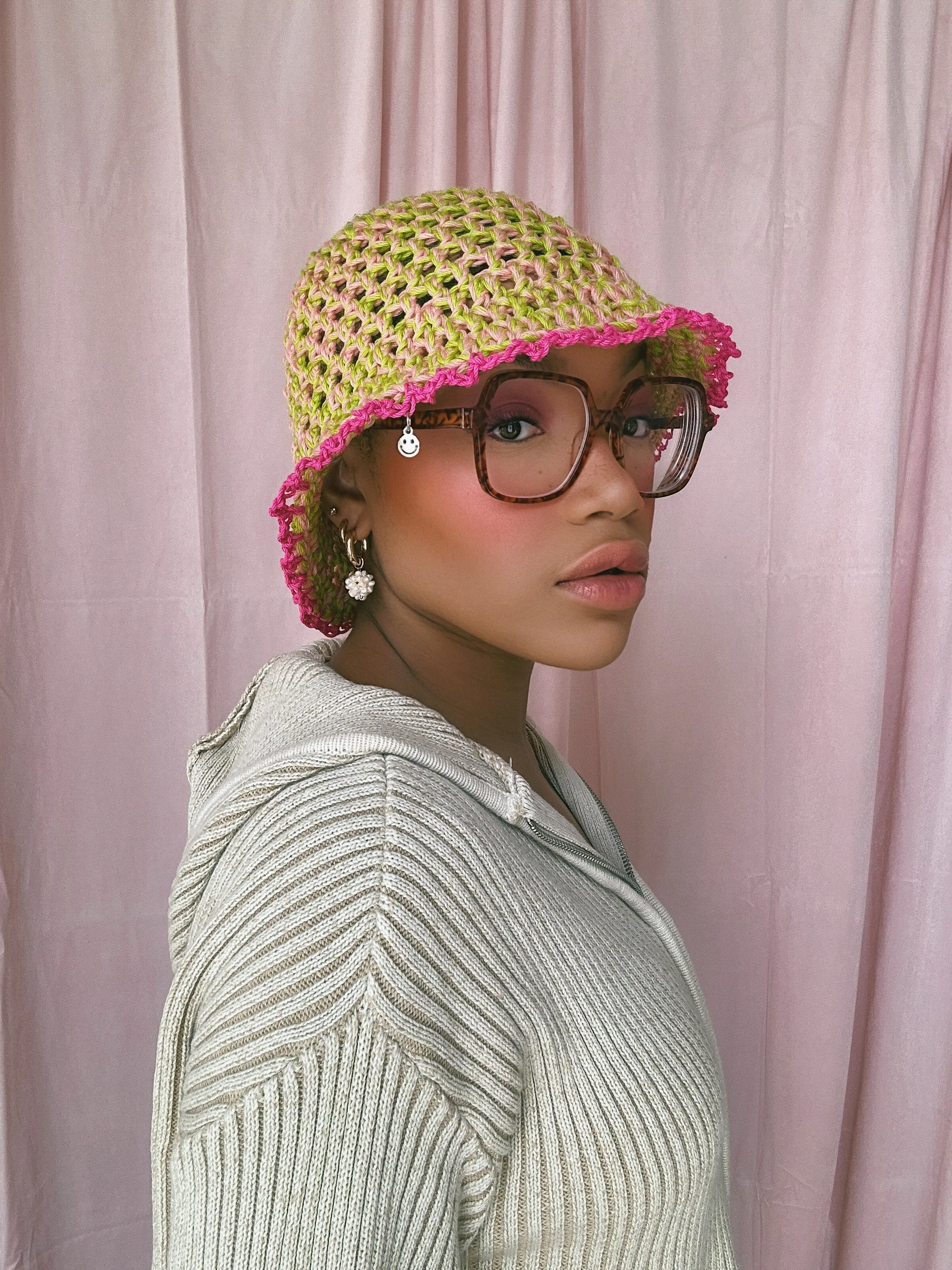 (1 Of 1) Pink and Green Crochet Hat - READY TO SHIP