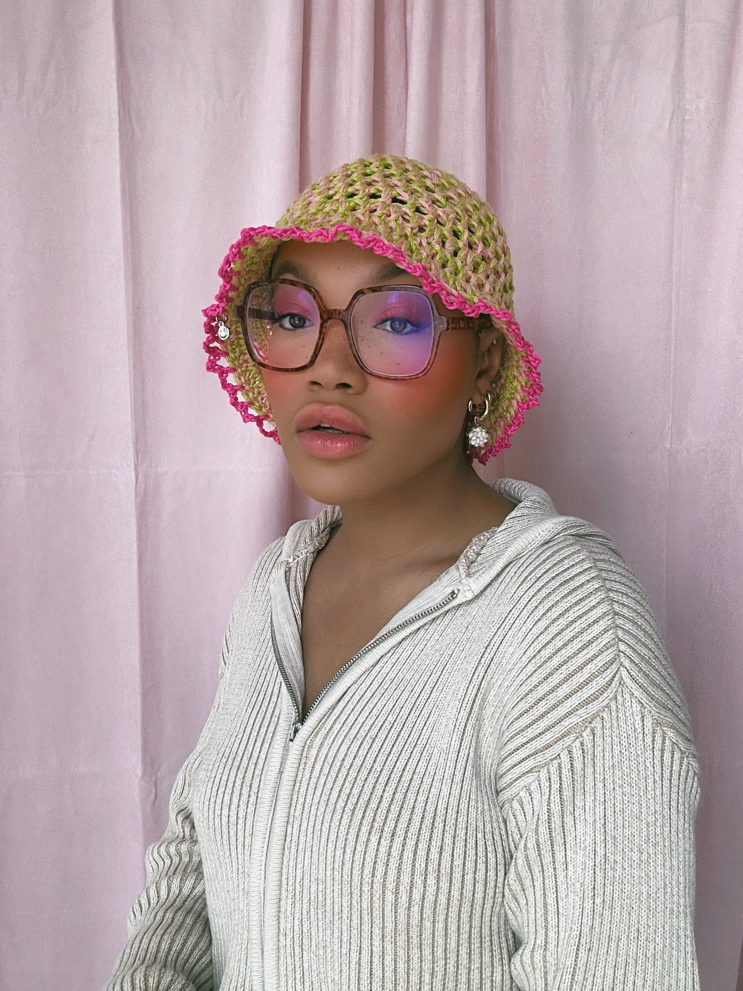 (1 Of 1) Pink and Green Crochet Hat - READY TO SHIP