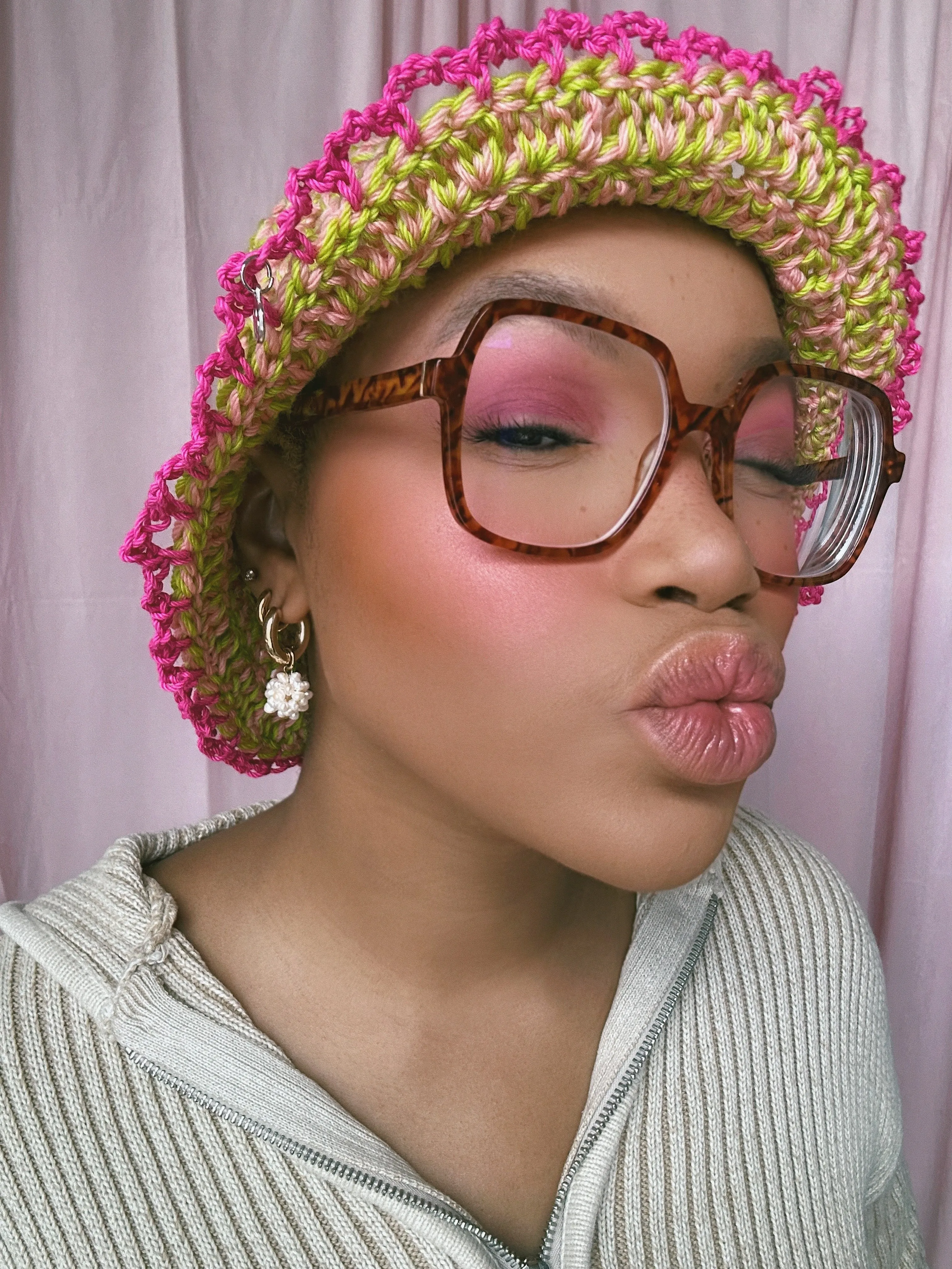 (1 Of 1) Pink and Green Crochet Hat - READY TO SHIP