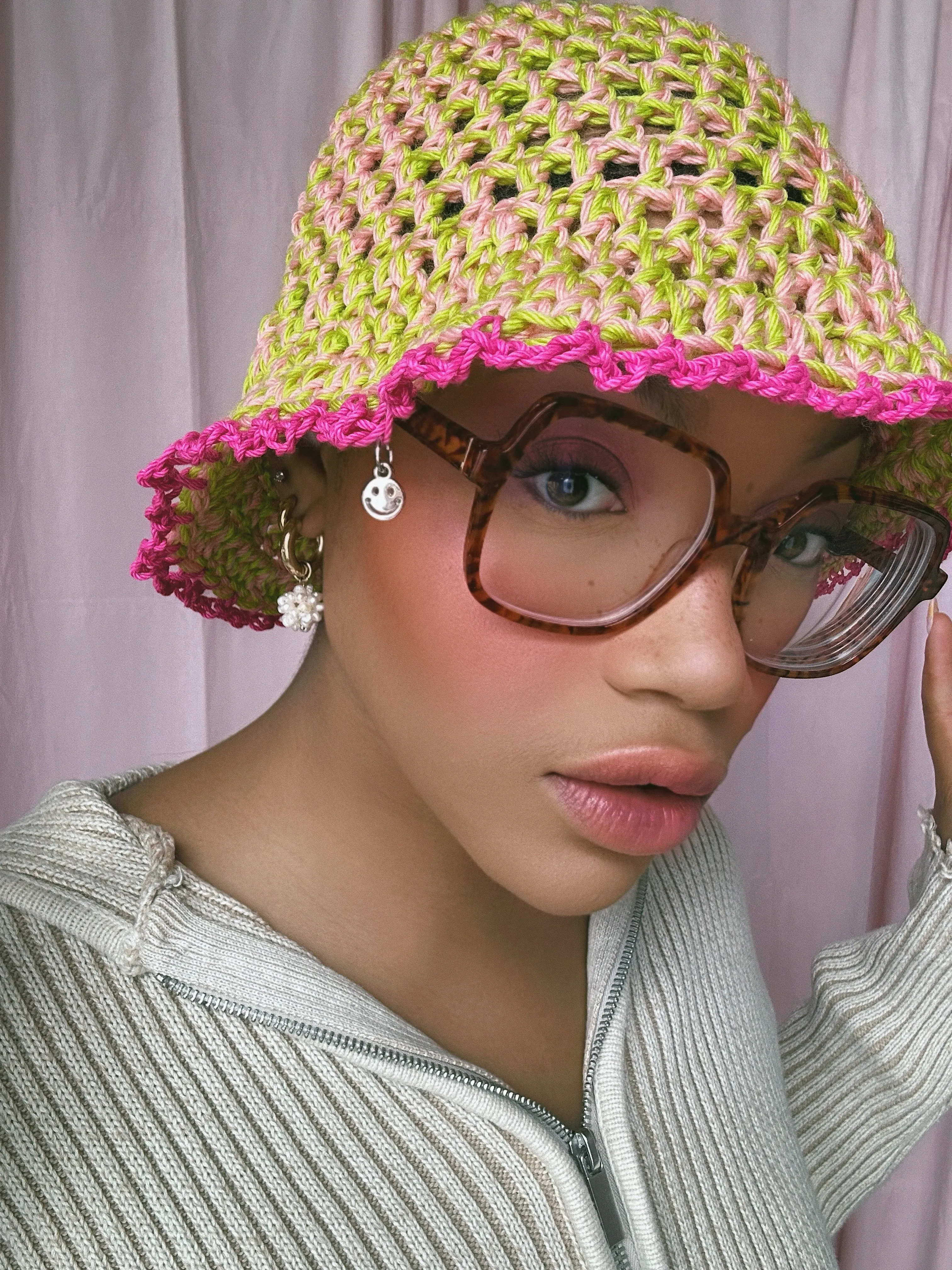 (1 Of 1) Pink and Green Crochet Hat - READY TO SHIP