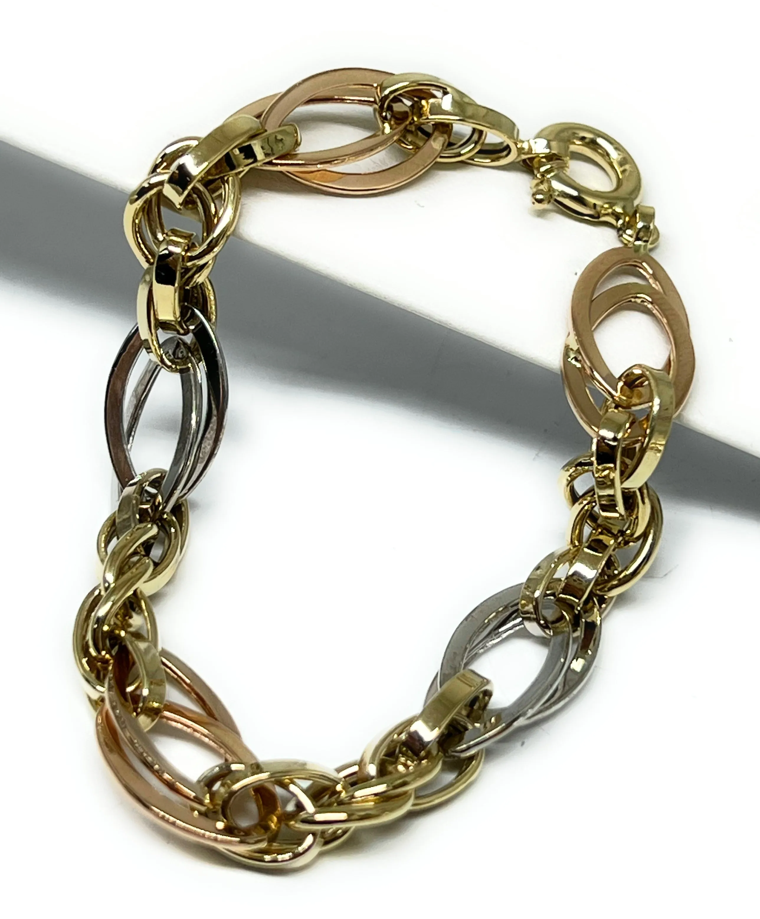 14k Solid Gold TRI-COLOR OVAL HOOP LINK 7.5 INCH BRRACELET (SEMI-HOLLOW)