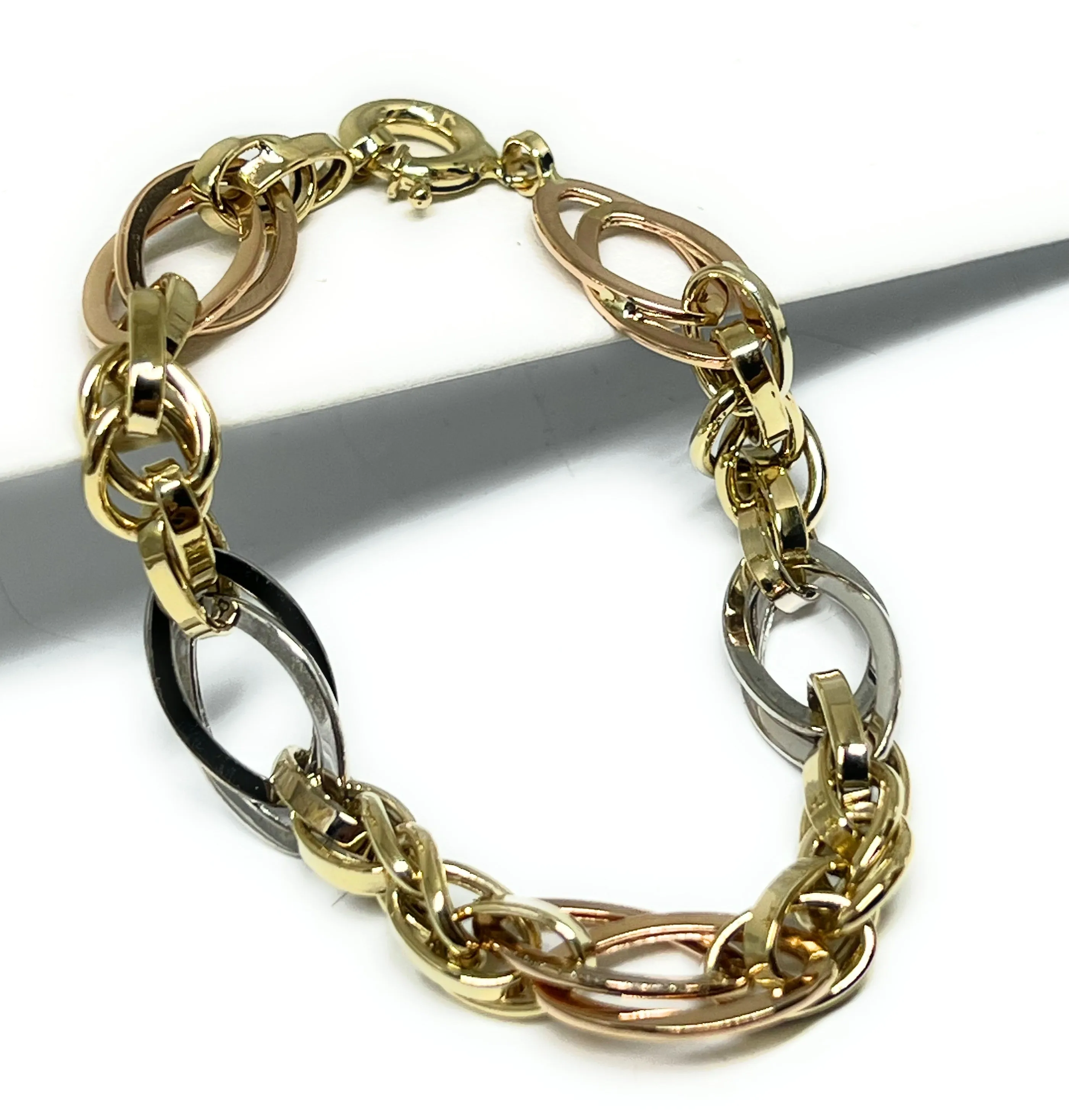 14k Solid Gold TRI-COLOR OVAL HOOP LINK 7.5 INCH BRRACELET (SEMI-HOLLOW)