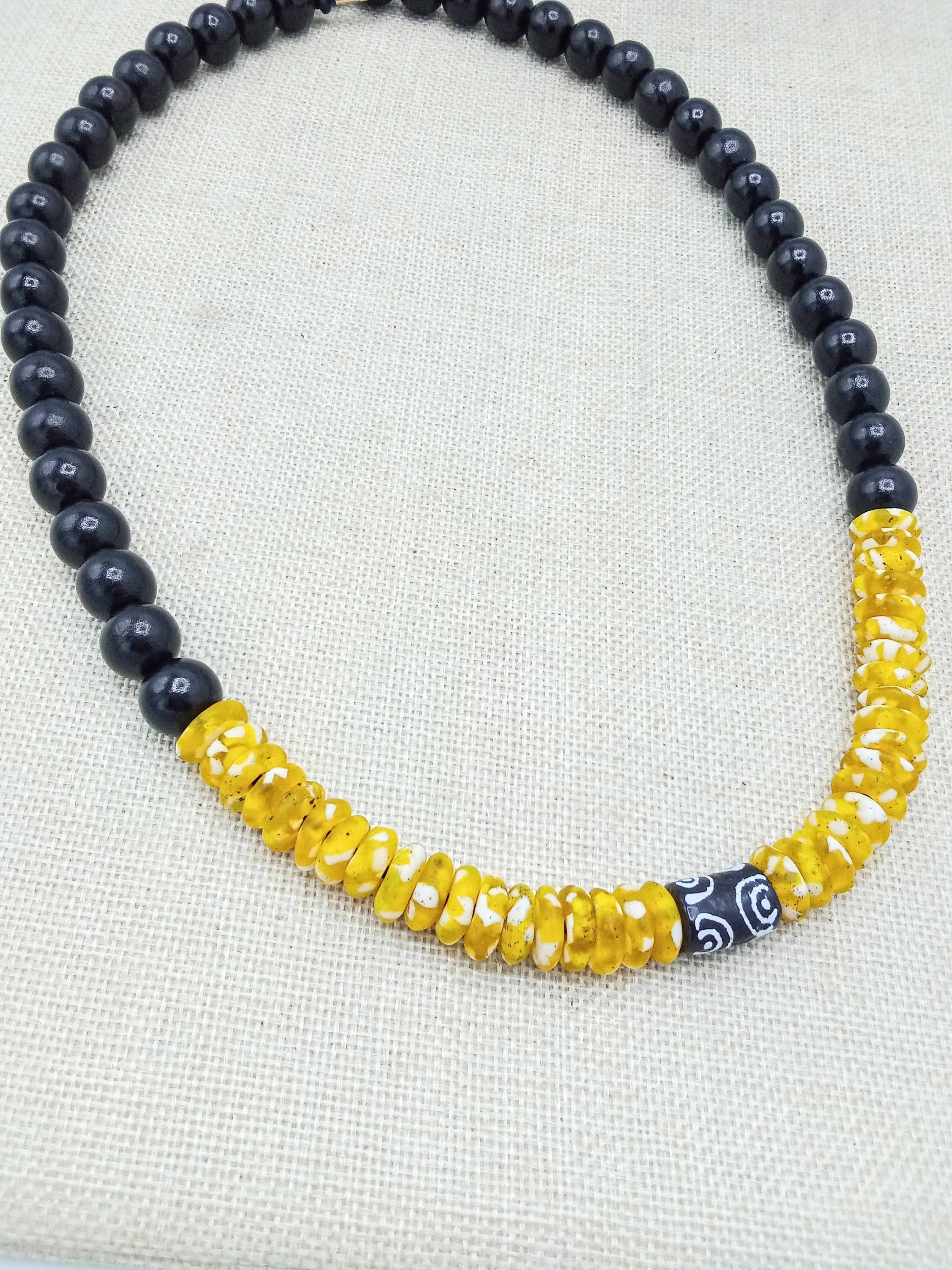 African Men Necklace Beaded Wood Glass Yellow Black Handmade Gift for Him