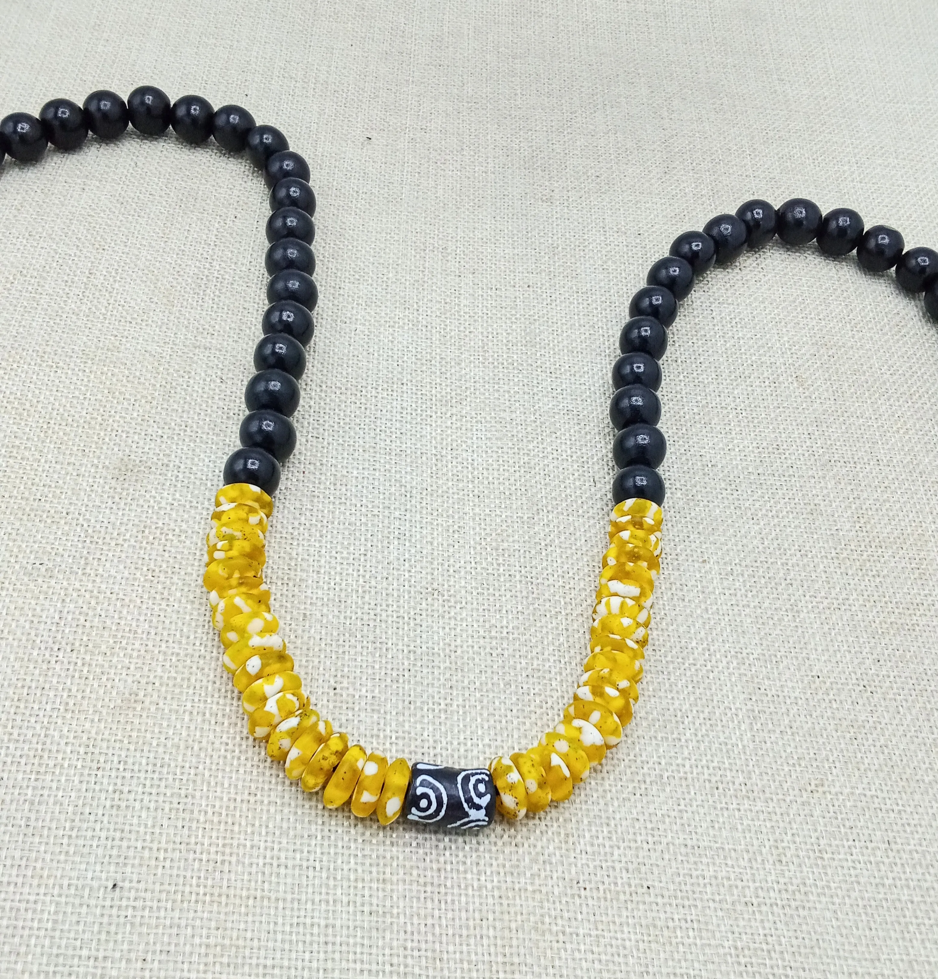 African Men Necklace Beaded Wood Glass Yellow Black Handmade Gift for Him