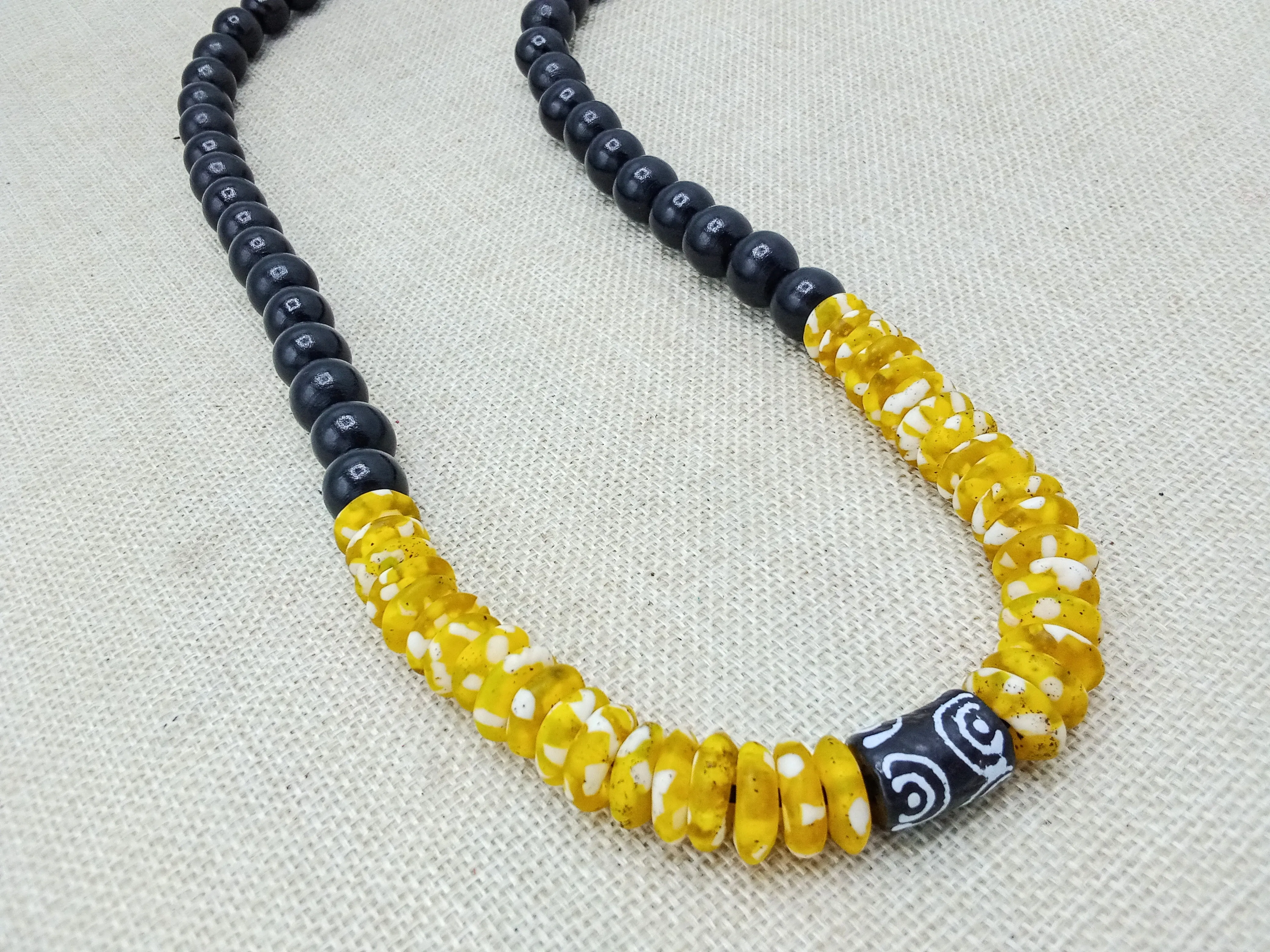 African Men Necklace Beaded Wood Glass Yellow Black Handmade Gift for Him