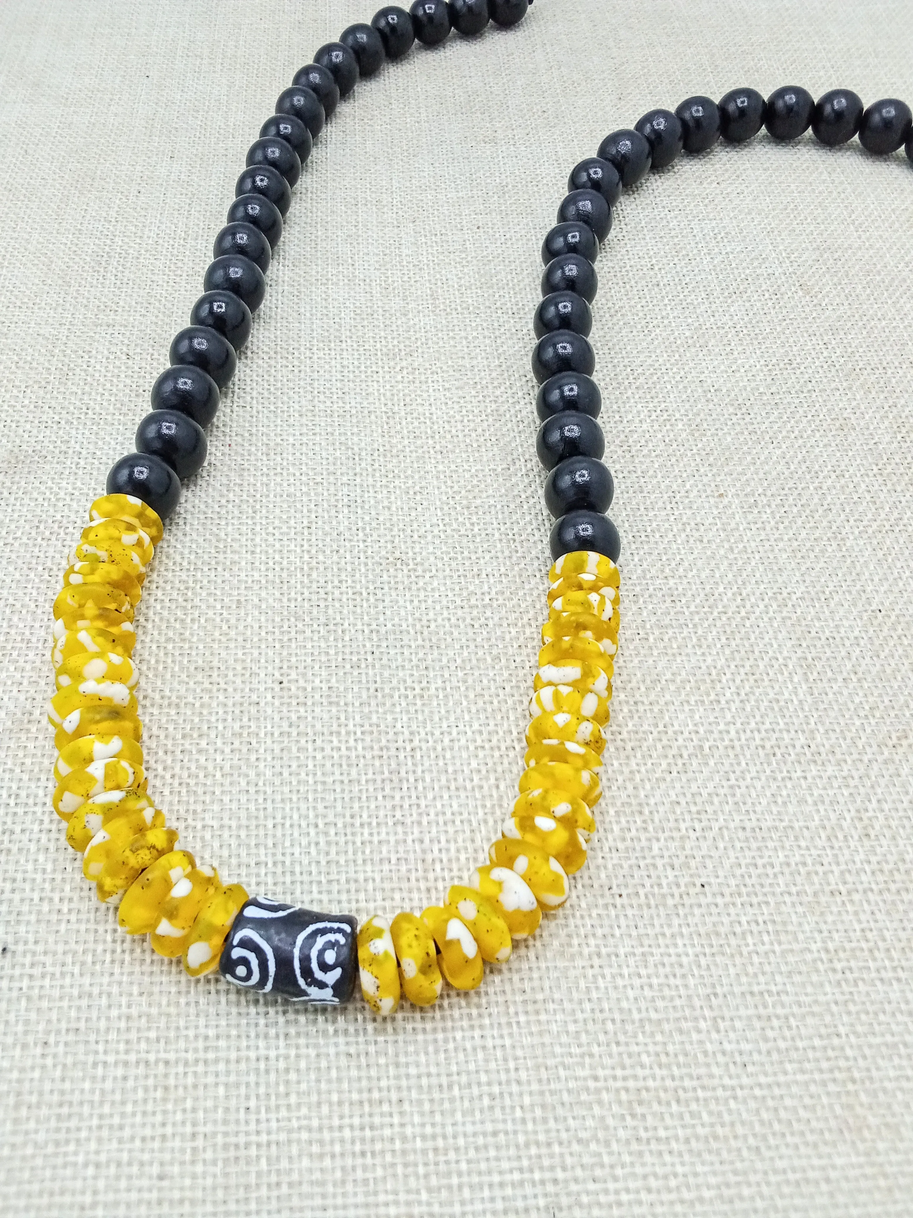 African Men Necklace Beaded Wood Glass Yellow Black Handmade Gift for Him