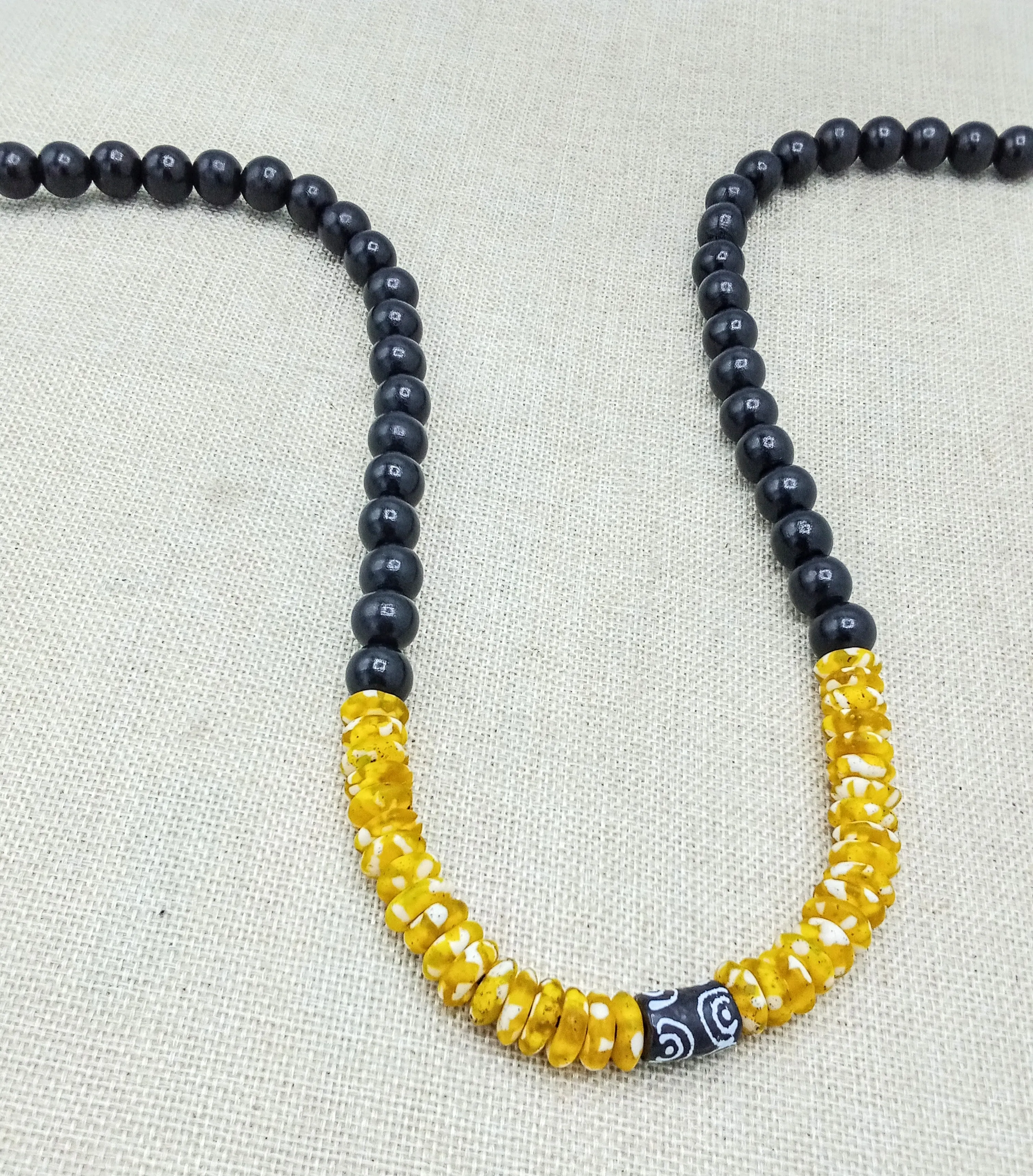 African Men Necklace Beaded Wood Glass Yellow Black Handmade Gift for Him