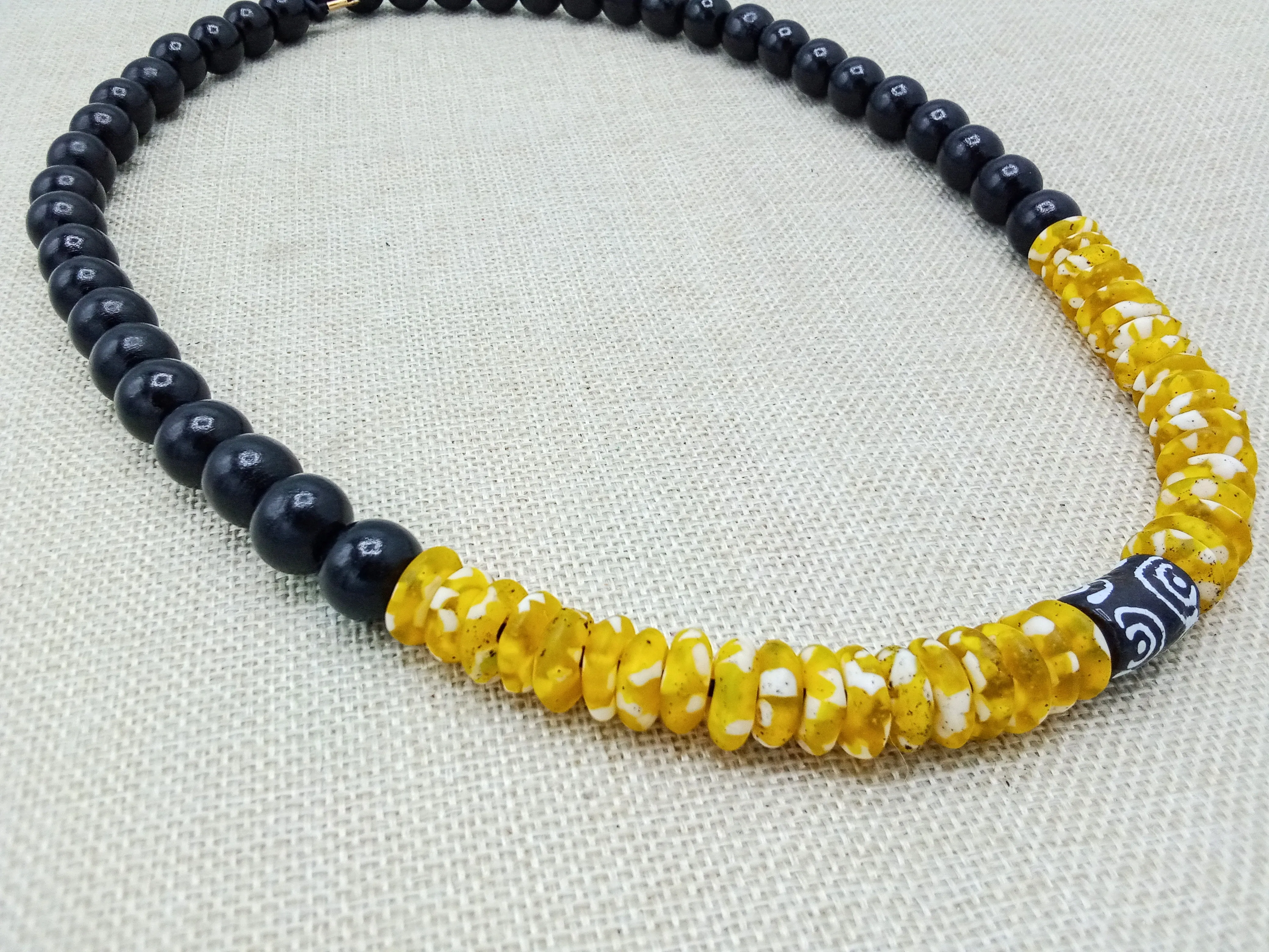 African Men Necklace Beaded Wood Glass Yellow Black Handmade Gift for Him