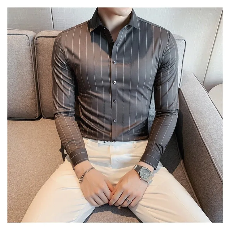 Autumn Winter Long Sleeve Striped Business Formal Slim Shirts for Men