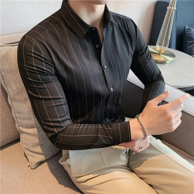 Autumn Winter Long Sleeve Striped Business Formal Slim Shirts for Men