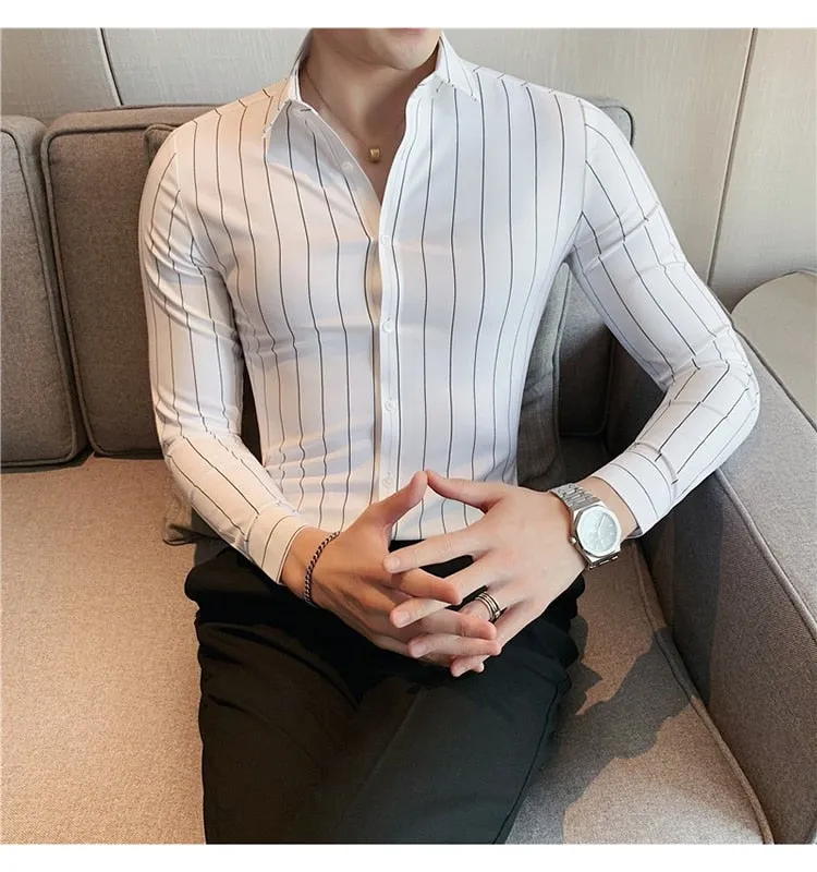 Autumn Winter Long Sleeve Striped Business Formal Slim Shirts for Men