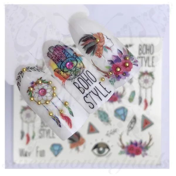 Boho Nail Art Hamsa Feathers Water Decals