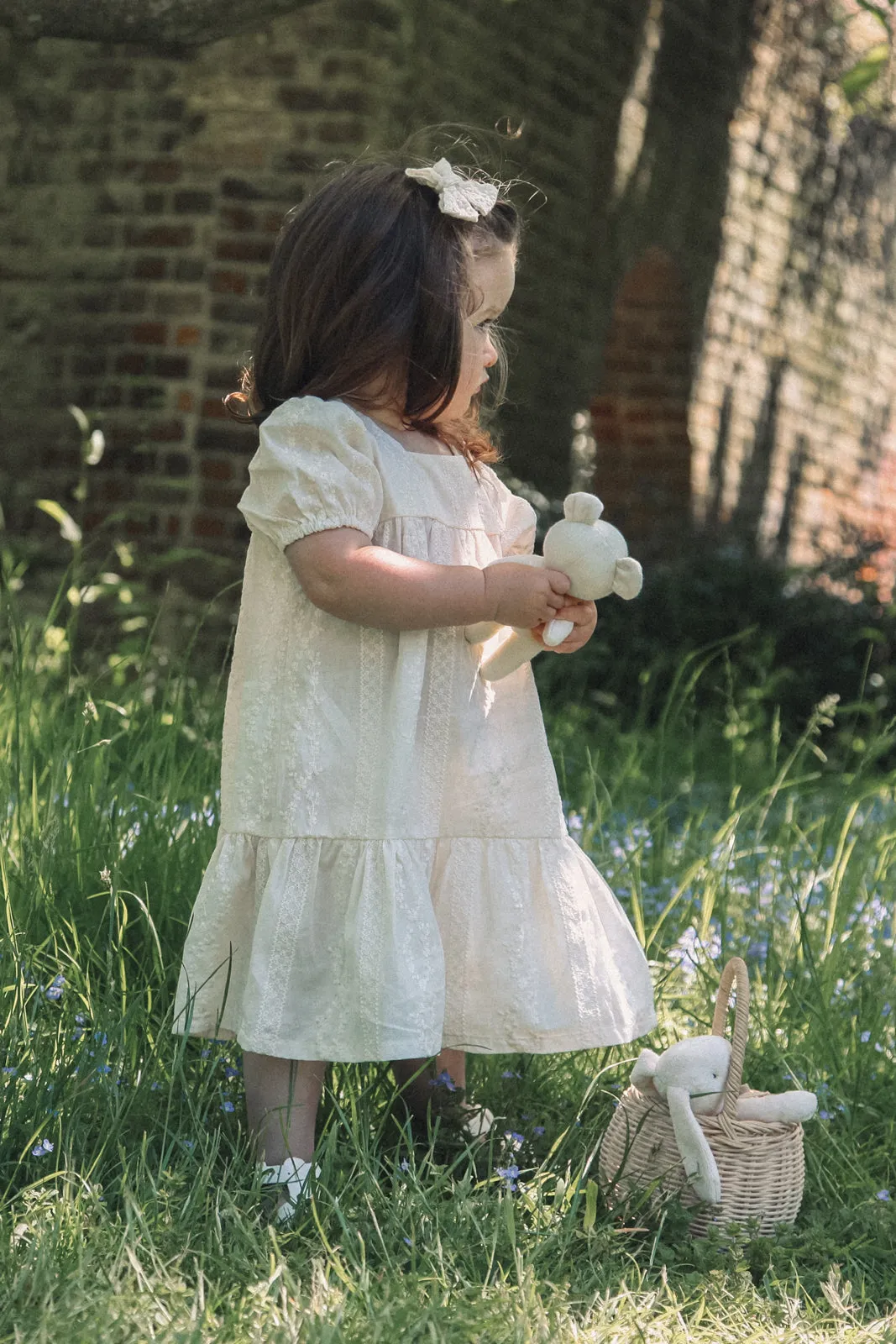 Cream Embroidered Puff Sleeve Dress