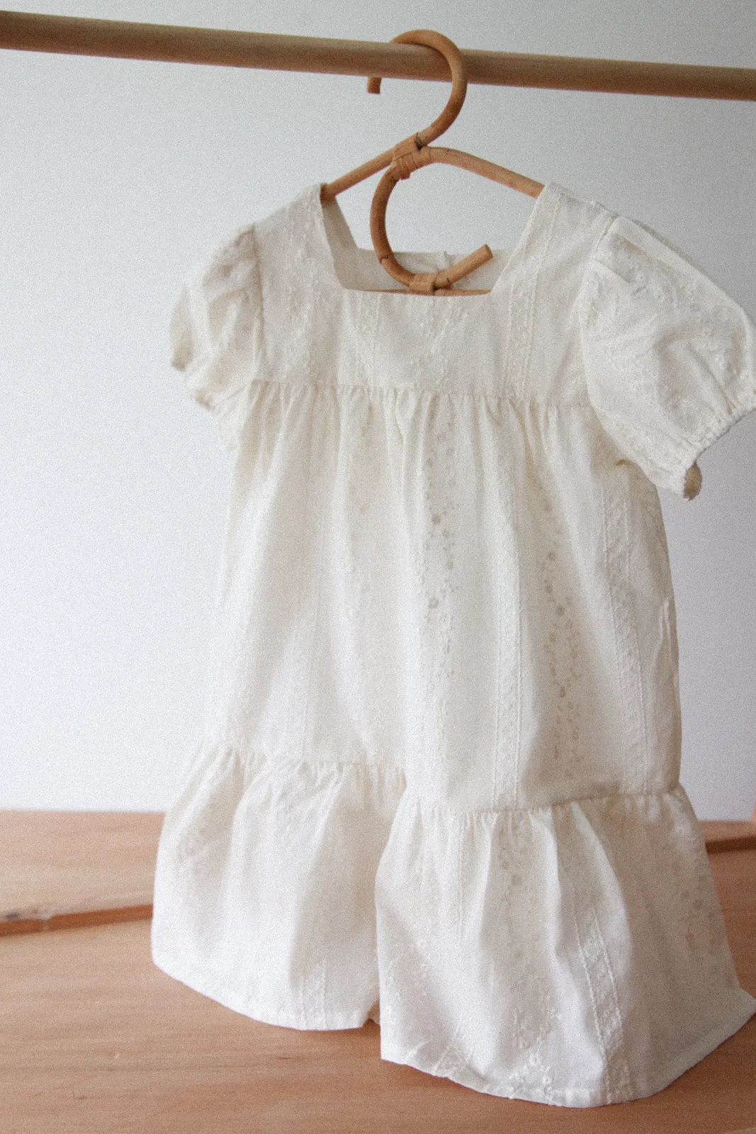 Cream Embroidered Puff Sleeve Dress