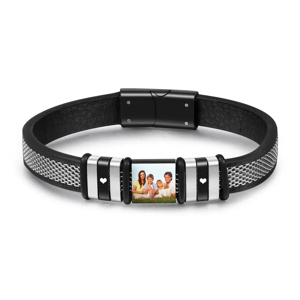 Engraved Photo and Names Bracelet for Men Stainless Steel