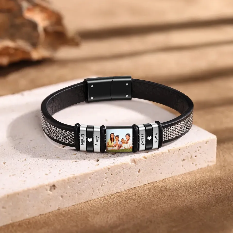 Engraved Photo and Names Bracelet for Men Stainless Steel