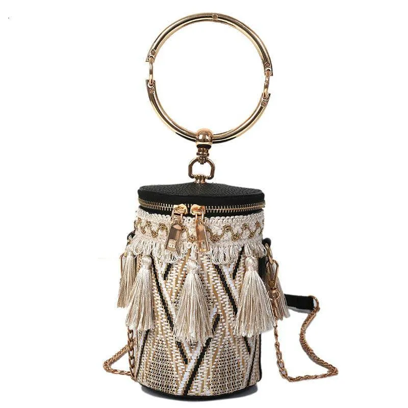 Ethnic Circular Knitted Tassel Handbag