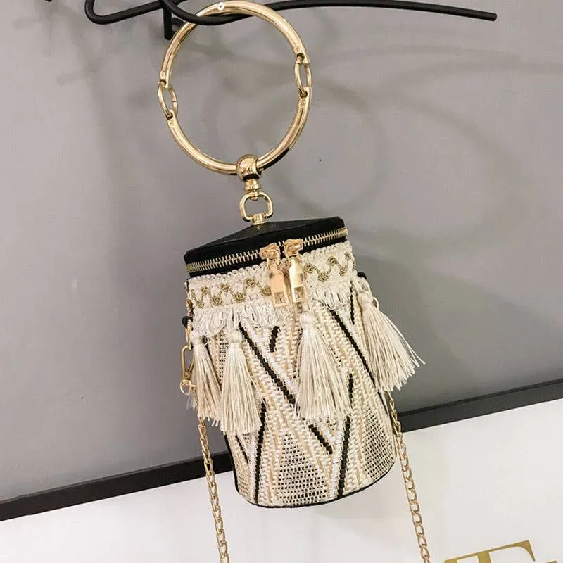 Ethnic Circular Knitted Tassel Handbag