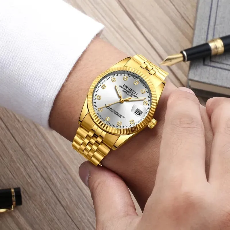 FNGEEN Women Top Brand Luxury Business Watch Waterproof High-end Crystal Gold Watch W412035