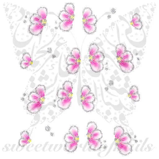 Glittery Pink Flower Nail Art Nail Water Decals Slides