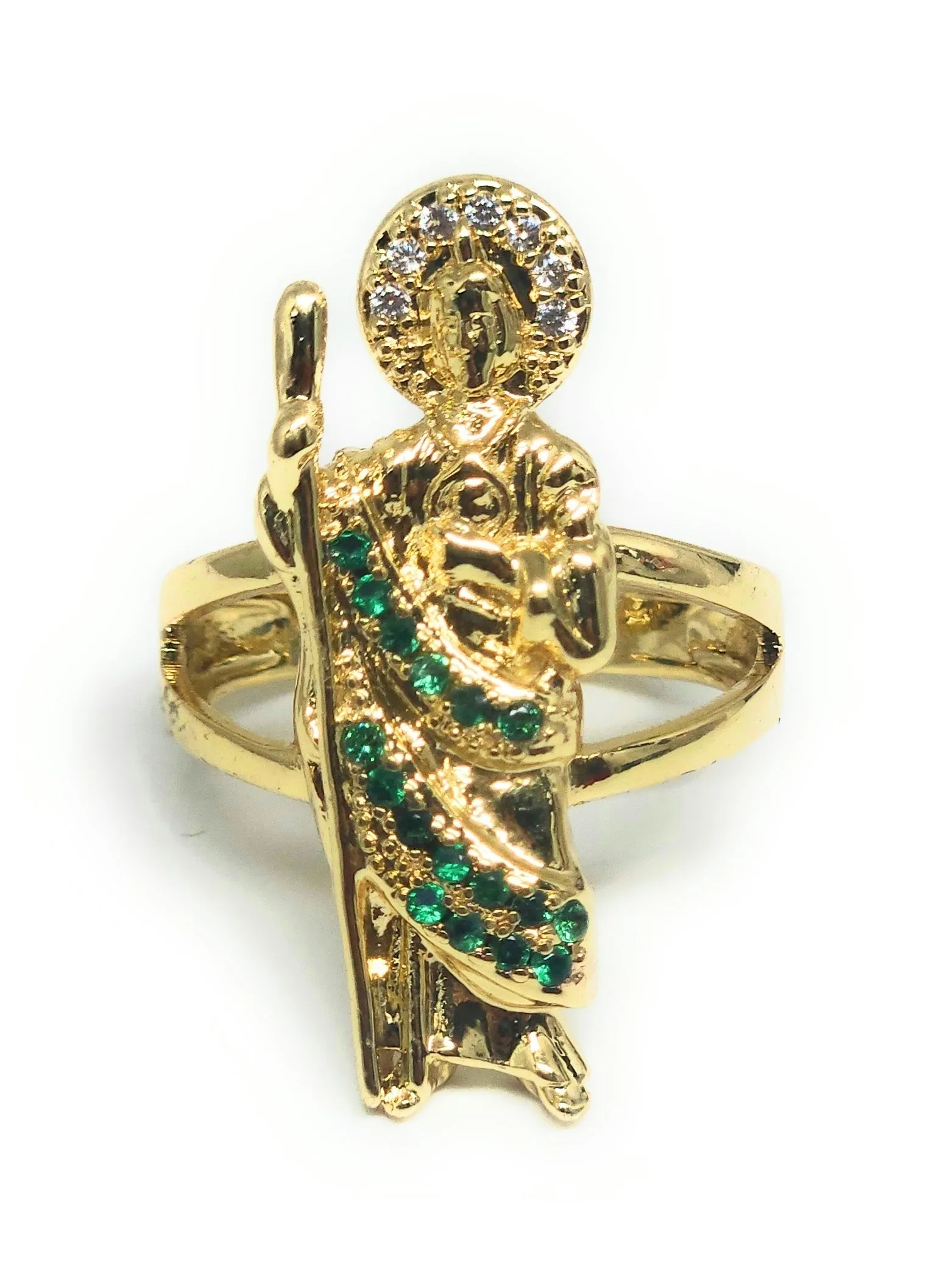 Gold Plated Yellow & Green San Judas Tadeo Saint Jude CZ Ring Anillo