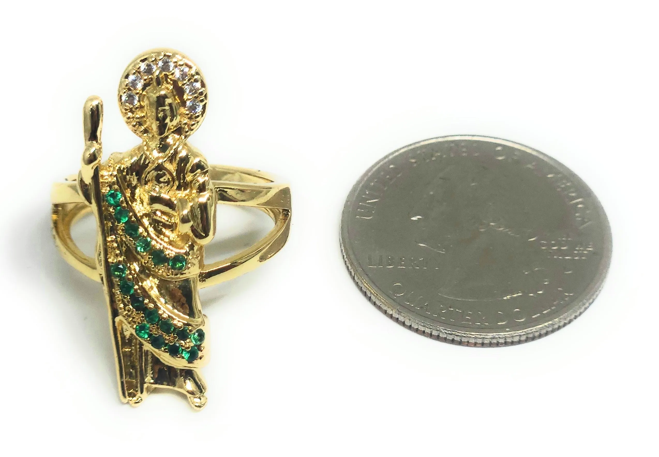 Gold Plated Yellow & Green San Judas Tadeo Saint Jude CZ Ring Anillo