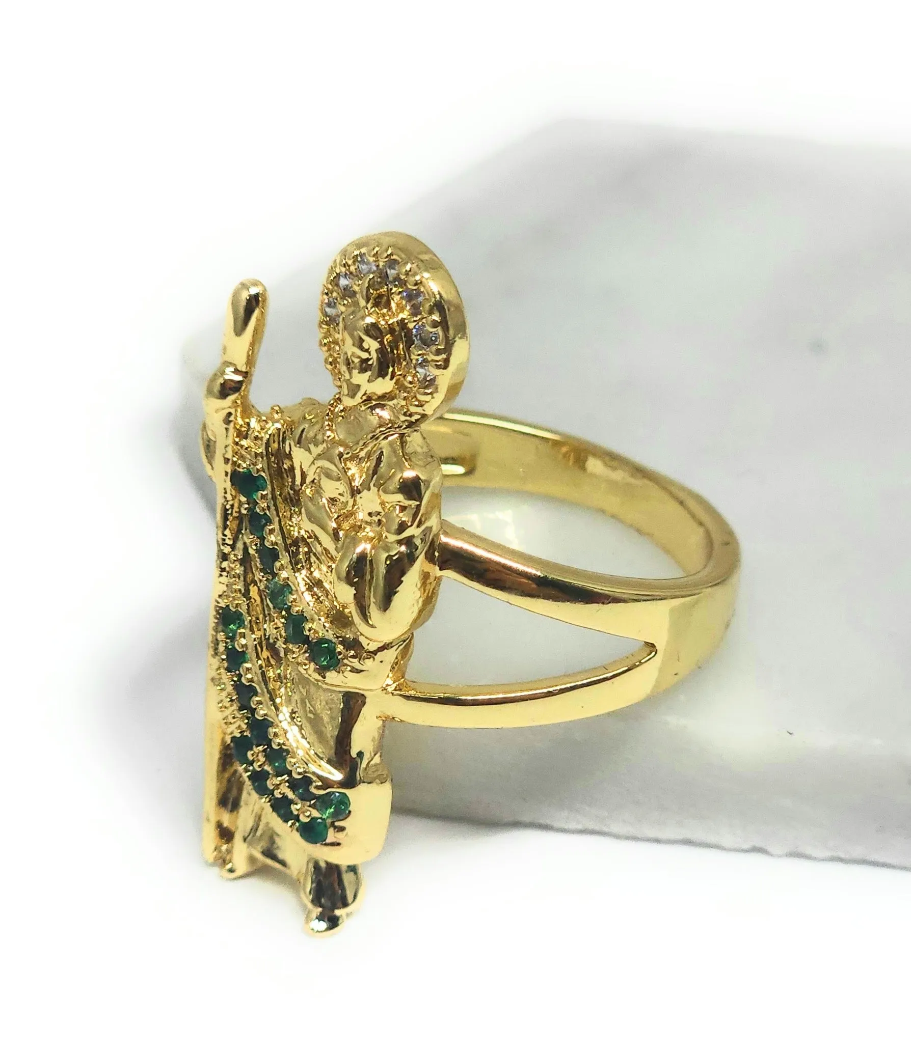 Gold Plated Yellow & Green San Judas Tadeo Saint Jude CZ Ring Anillo