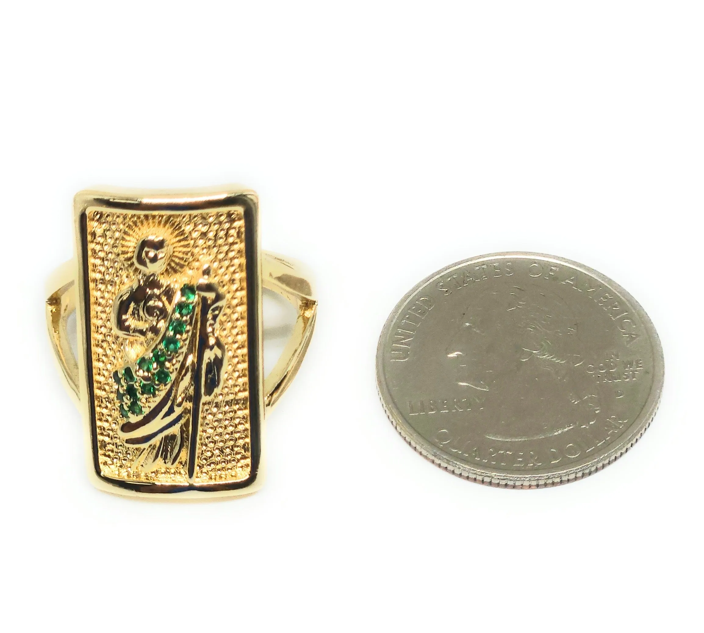 Gold Plated Yellow & Green San Judas Tadeo Saint Jude CZ SQUARE Ring Anillo