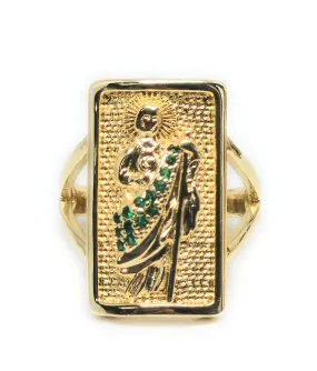 Gold Plated Yellow & Green San Judas Tadeo Saint Jude CZ SQUARE Ring Anillo