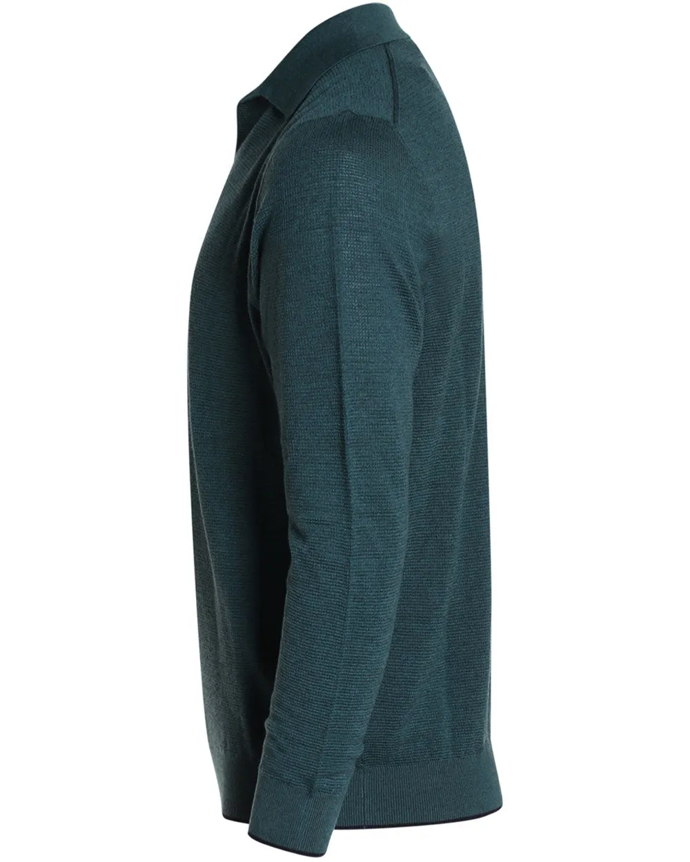 Green and Navy Cashmere Blend Textured Long Sleeve Polo