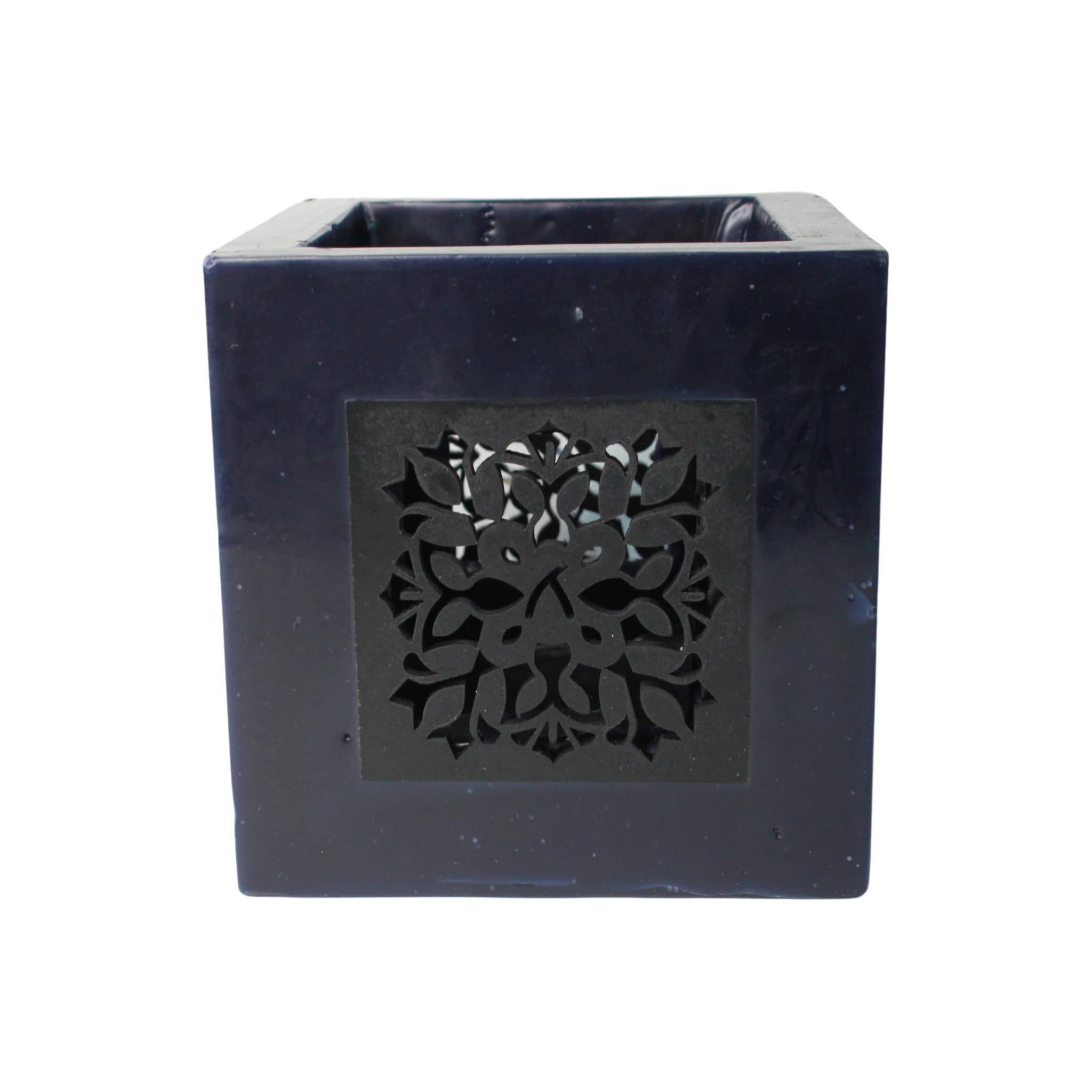 Medium Lantern from Black Wax with Black Metal Decoration