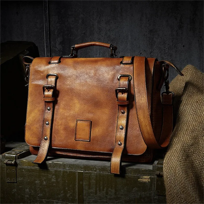 Men's Classic Fashion Solid Genuine Leather Large Capacity Travel Handbag