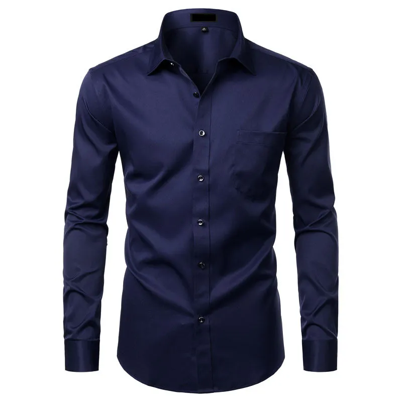 Men's Solid Color Casual Slim Fit Business Bamboo Fiber Shirts with Pocket