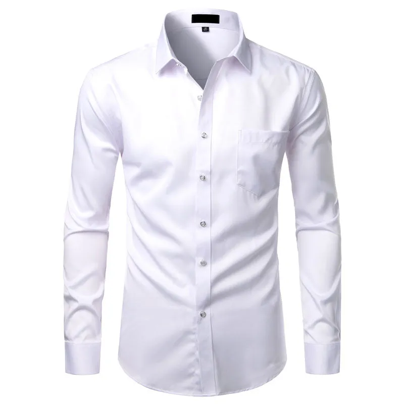 Men's Solid Color Casual Slim Fit Business Bamboo Fiber Shirts with Pocket