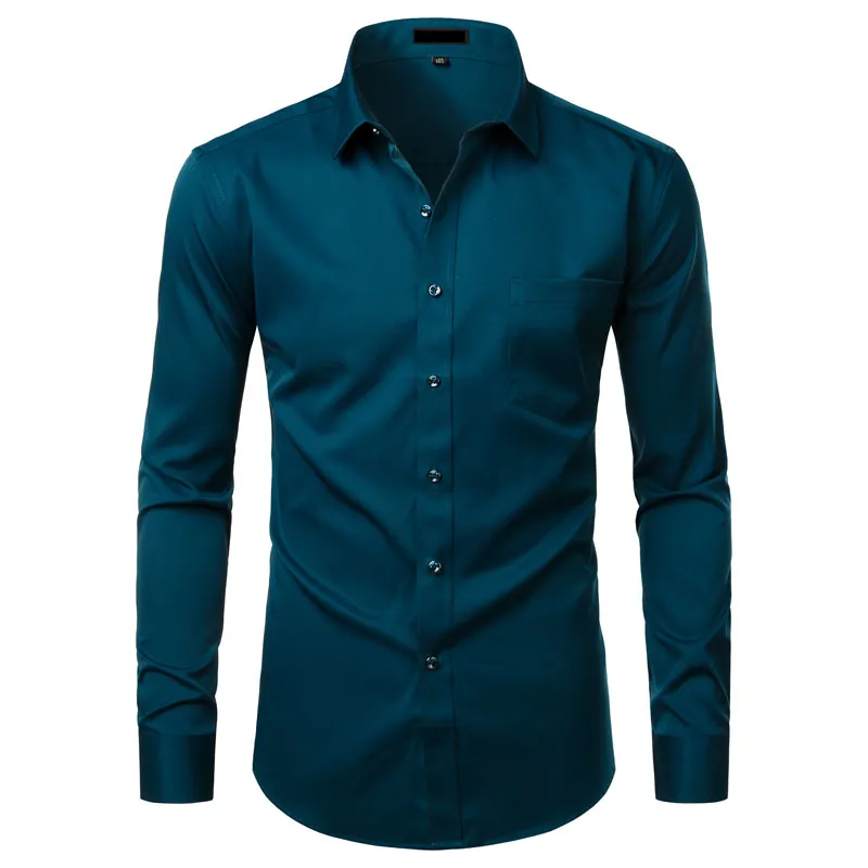 Men's Solid Color Casual Slim Fit Business Bamboo Fiber Shirts with Pocket