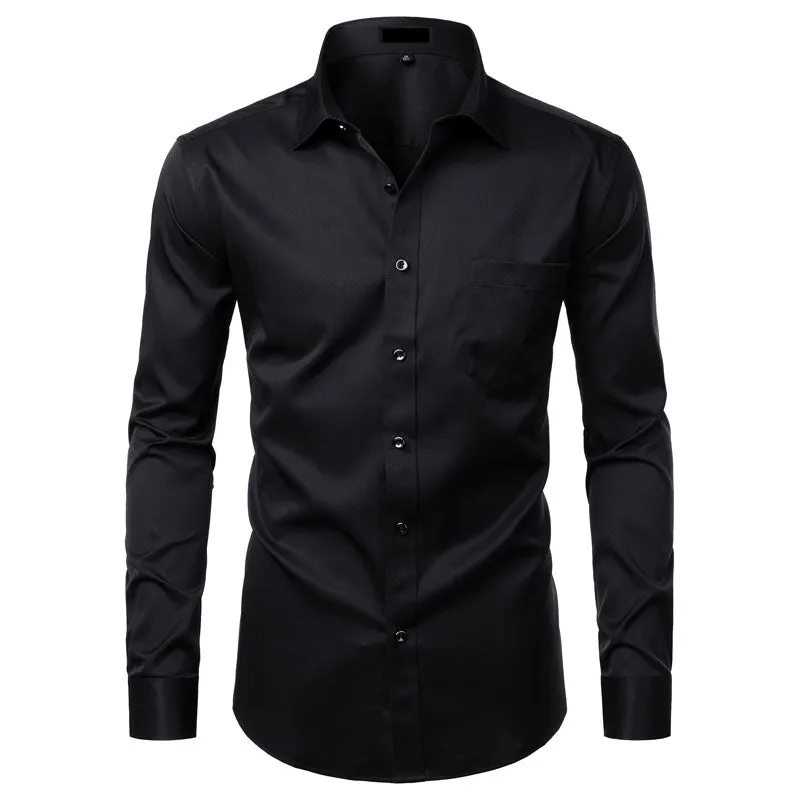 Men's Solid Color Casual Slim Fit Business Bamboo Fiber Shirts with Pocket