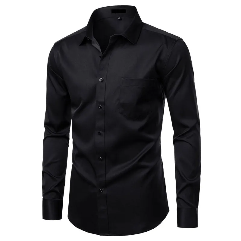 Men's Solid Color Casual Slim Fit Business Bamboo Fiber Shirts with Pocket