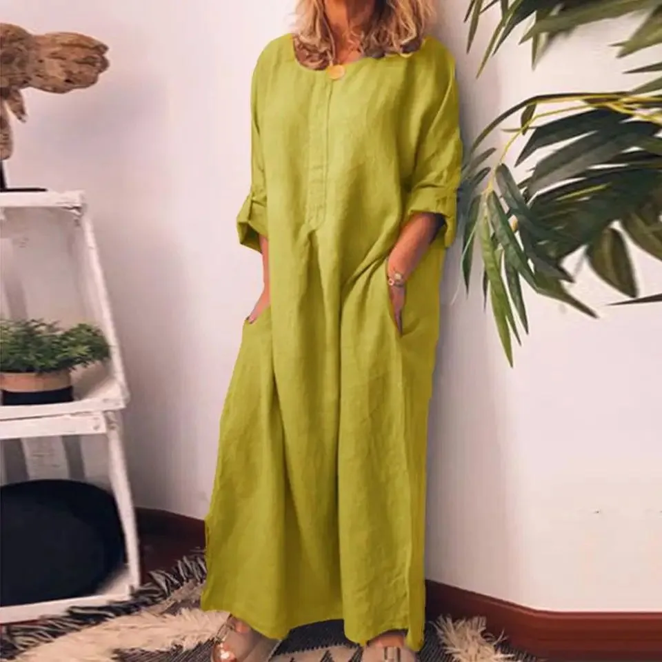 New Women Solid Color Oversized Cotton Linen Long Shirt Dress 2XL 38957