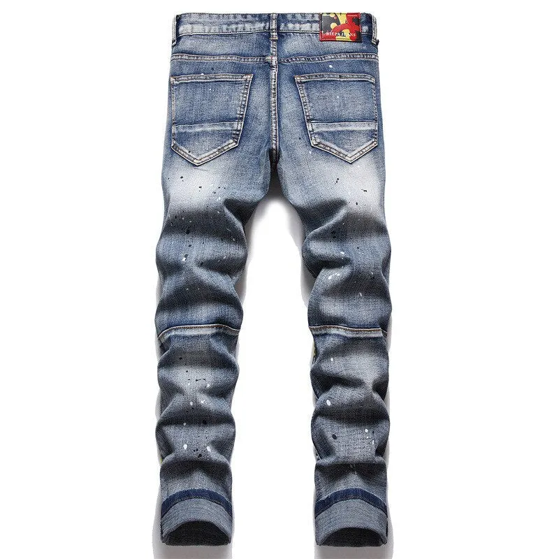 Punk Style Printed Pattern Mid-waist Ripped Skinny Jeans Pants for Men