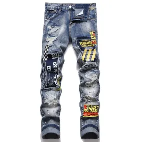 Punk Style Printed Pattern Mid-waist Ripped Skinny Jeans Pants for Men