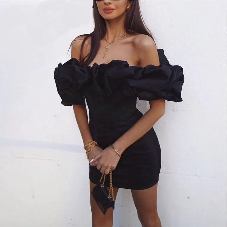 Ruffle Neck Off The Shoulder Bodycon Mini Dress