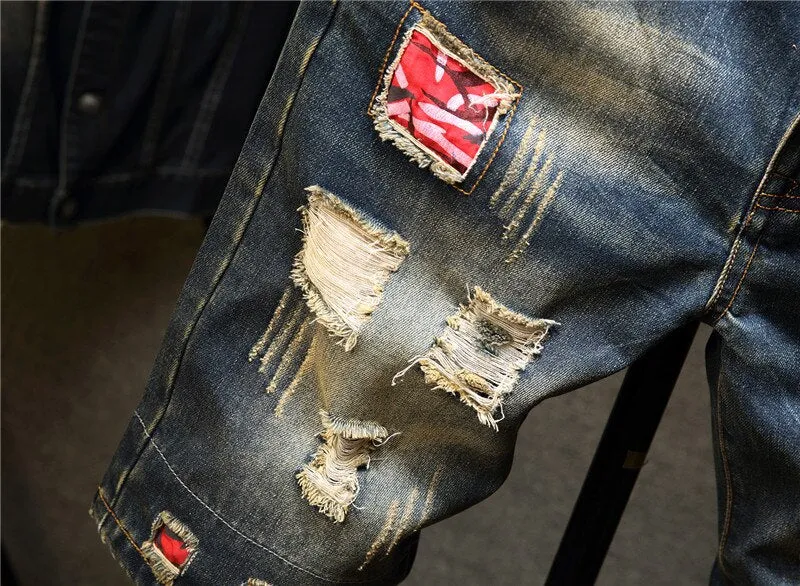 Summer Vintage Denim Ripped Loose Fit Streetwear Shorts for Men