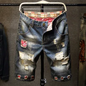 Summer Vintage Denim Ripped Loose Fit Streetwear Shorts for Men