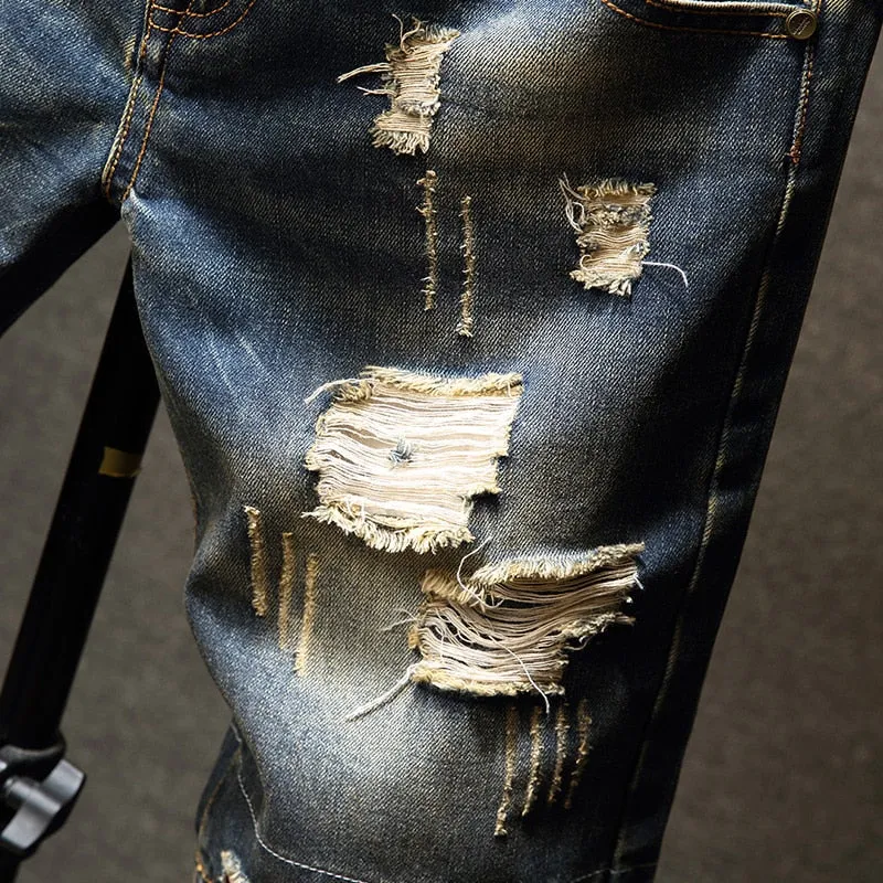 Summer Vintage Denim Ripped Loose Fit Streetwear Shorts for Men