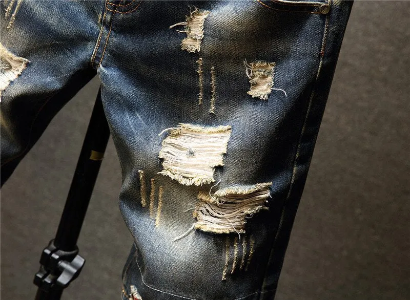 Summer Vintage Denim Ripped Loose Fit Streetwear Shorts for Men