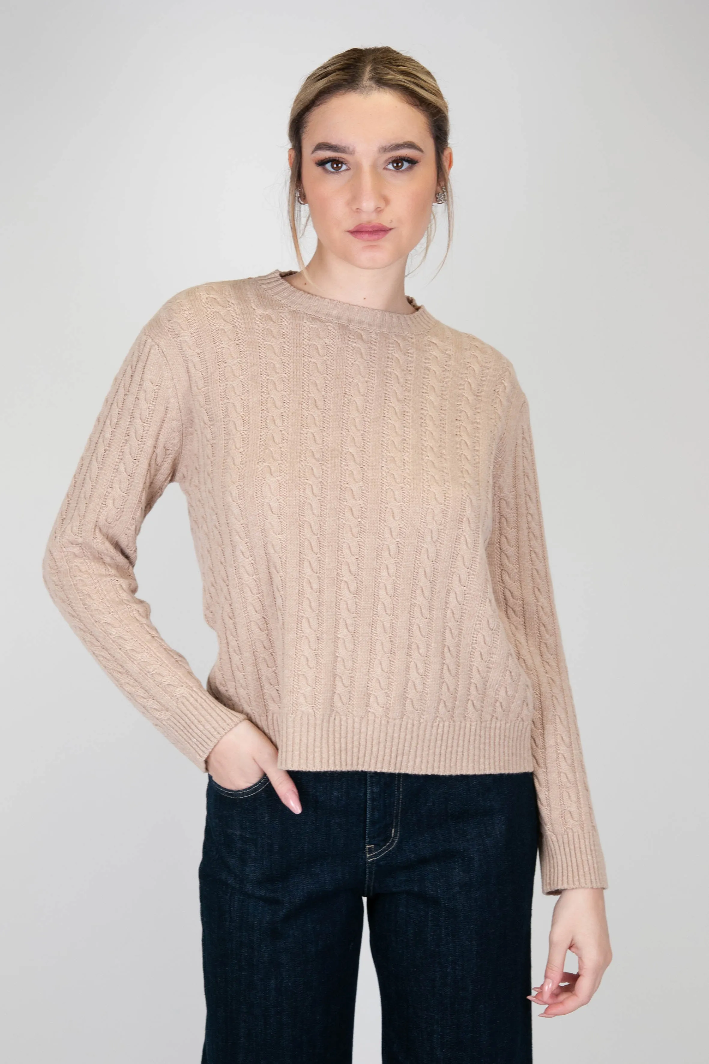 Tensione in - Maglia girocollo in misto cashmere a trecce