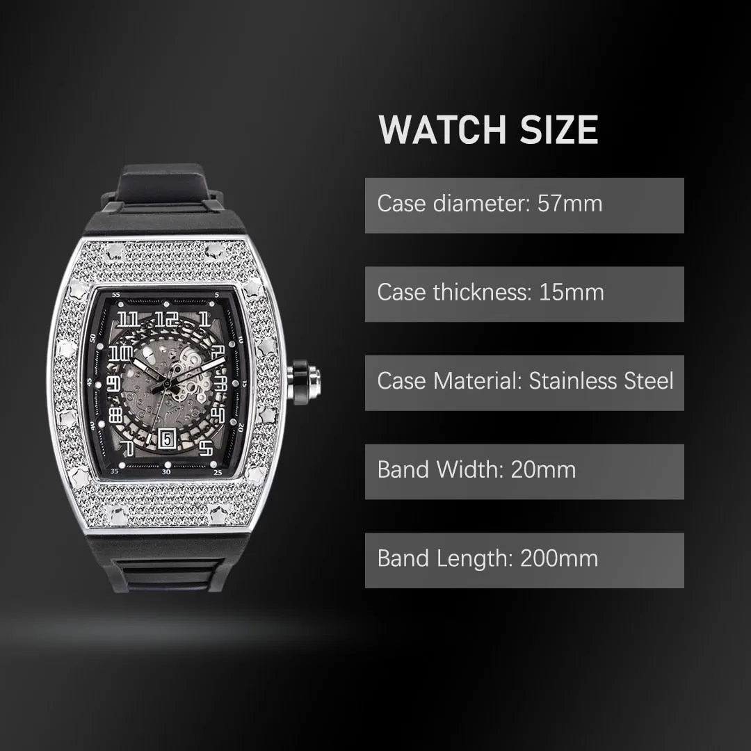 Tonneau Hook Buckle Clasp Platinum Diamond Iced Out Wristwatch for Men