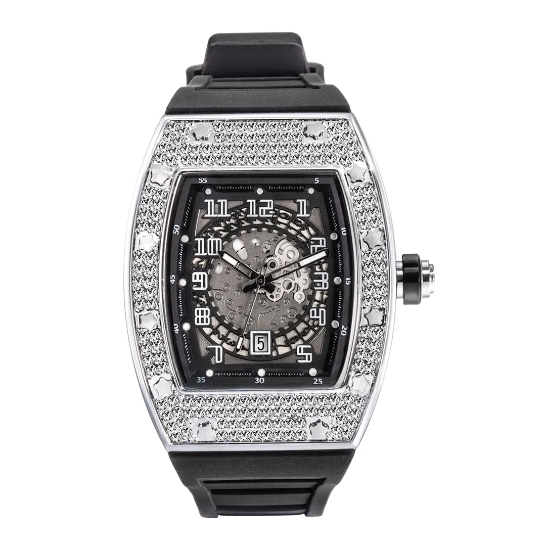 Tonneau Hook Buckle Clasp Platinum Diamond Iced Out Wristwatch for Men