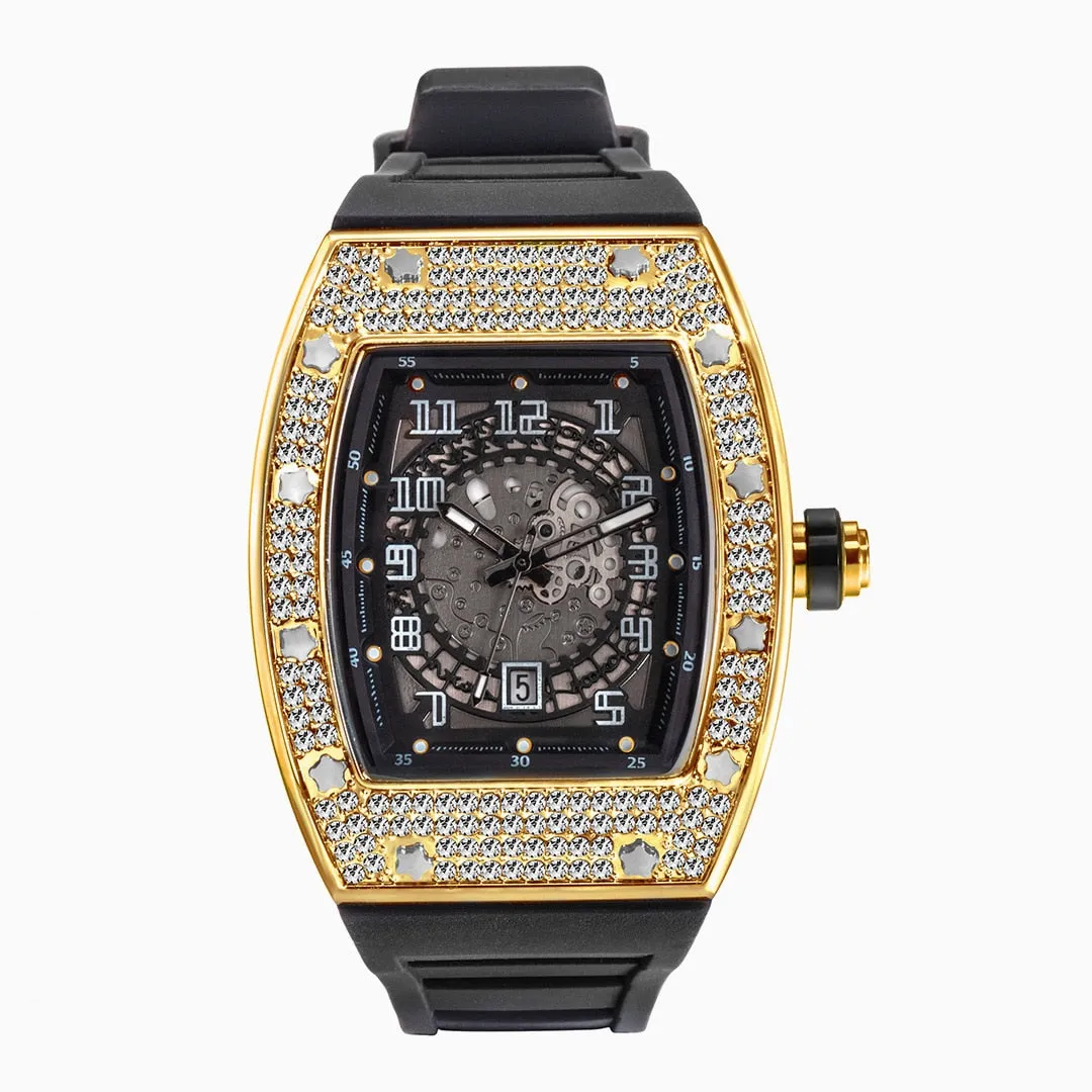 Tonneau Hook Buckle Clasp Platinum Diamond Iced Out Wristwatch for Men