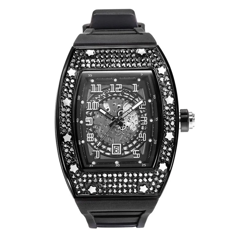 Tonneau Hook Buckle Clasp Platinum Diamond Iced Out Wristwatch for Men